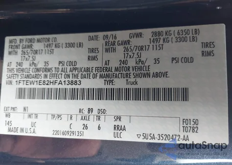 2017 Ford F-150 Xlt из США, поврежденный, VIN 1FTEW1E82HFA13883